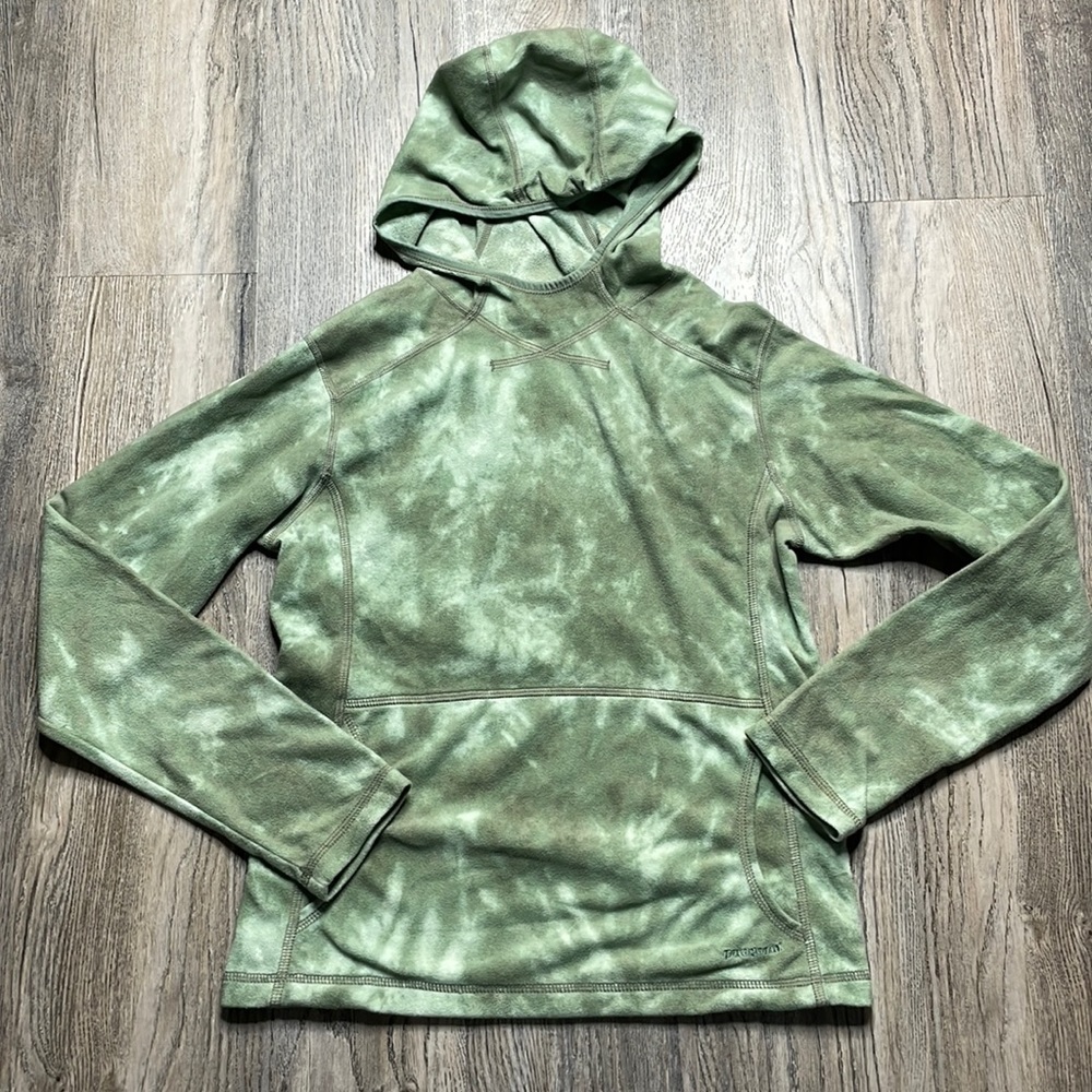 Patagonia Fleece Synchilla Women’s Green hooded Pullover, kangaroo pocket, sz Sm